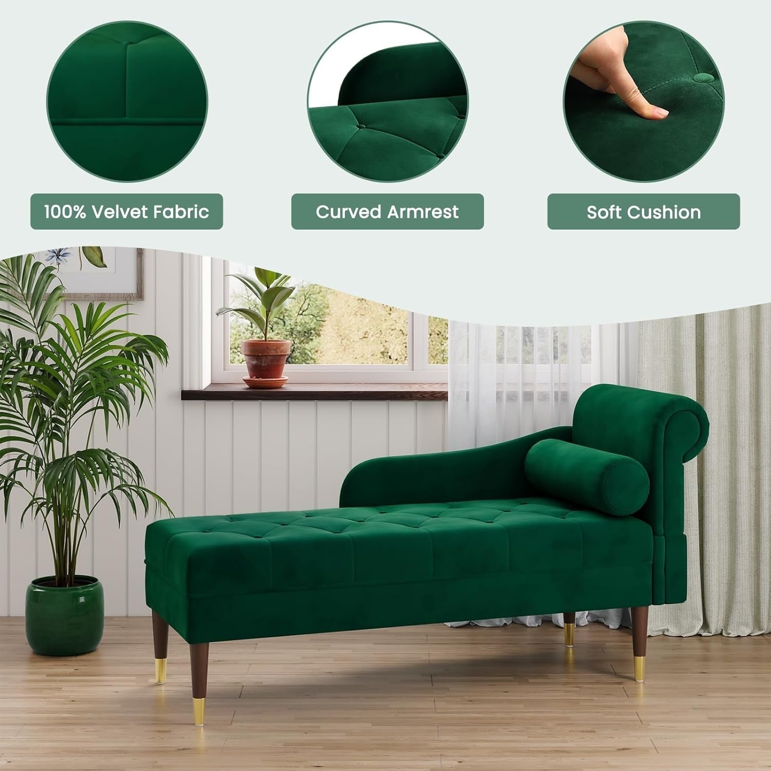 Luxury Green Velvet Chaise Lounge Sofa Right Armrest – Space-Saving & Comfy