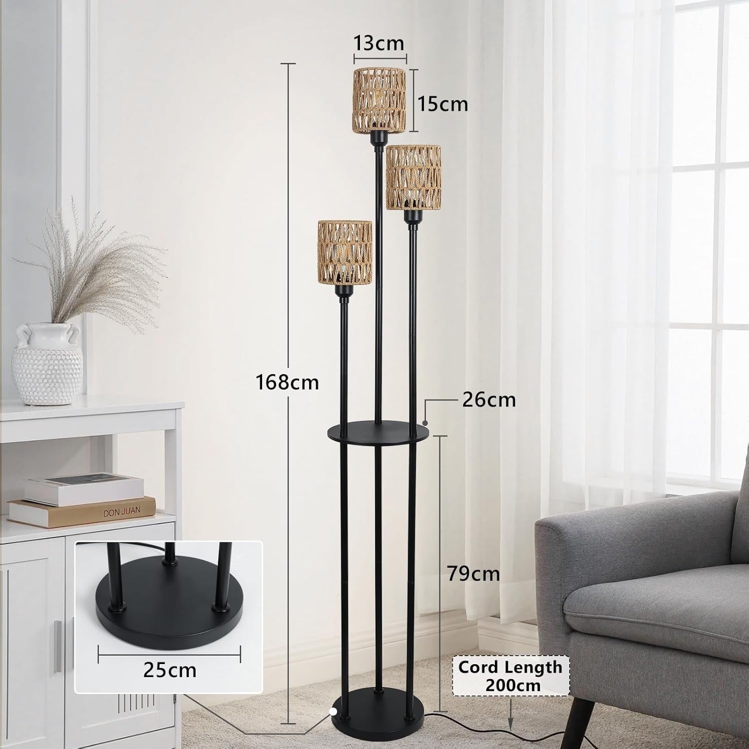 3-Light Boho Rattan Floor Lamp with Shelves, Foot Switch & Rustic Charm