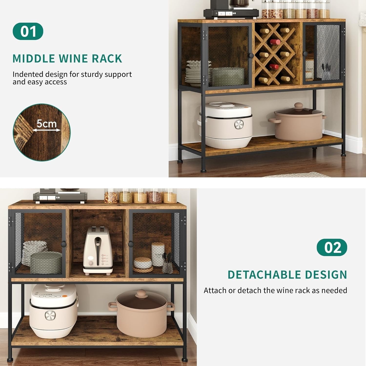 Rustic Sideboard Drinks Cabinet with Wine Rack & Storage Shelves 100cm