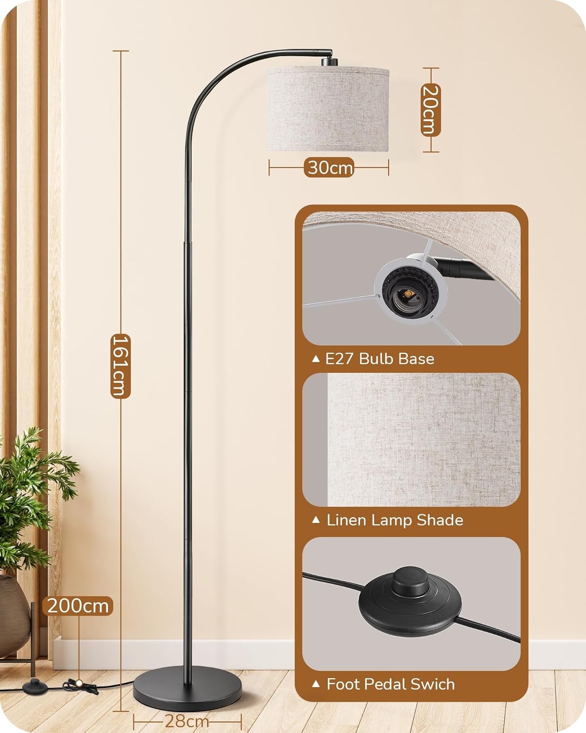 Modern Arc Floor Lamp Adjustable Linen Shade Black Standing Reading Light