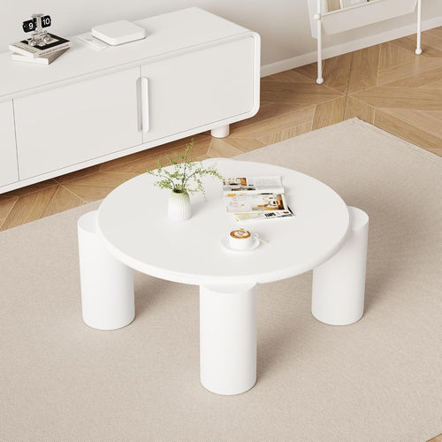 Round White Wooden Coffee Table, Stylish Modern Design, Sturdy & Space-Saving