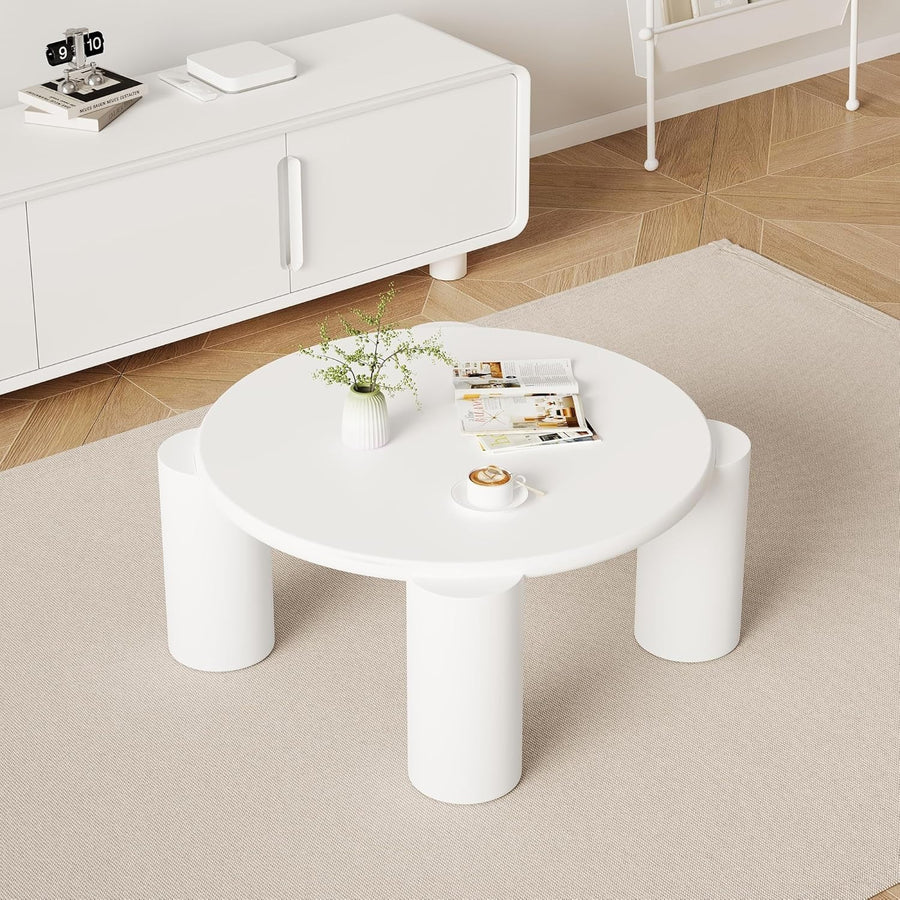 Round White Wooden Coffee Table, Stylish Modern Design, Sturdy & Space-Saving