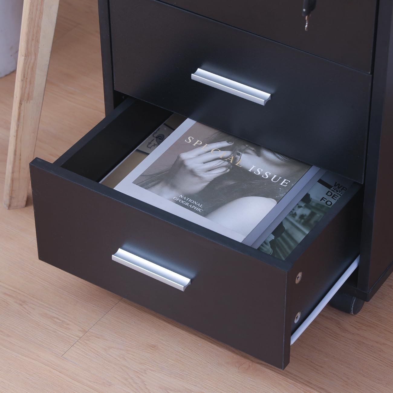 Black Locking Rolling Desk Pedestal 3 Drawer Under Desk File Cabinet