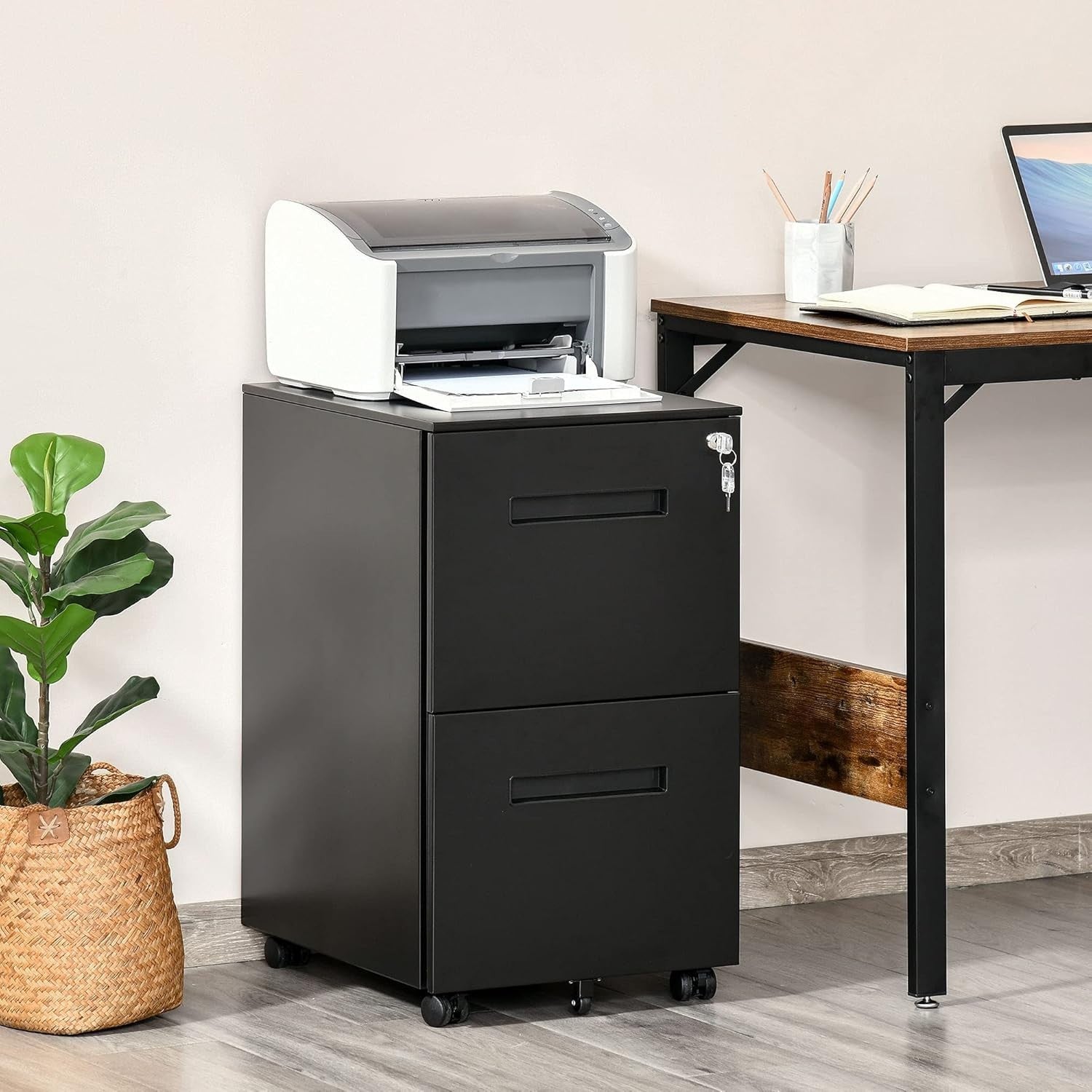 Black 2 Drawer Mobile Filing Cabinet Lockable Steel A4 Letter Under Desk