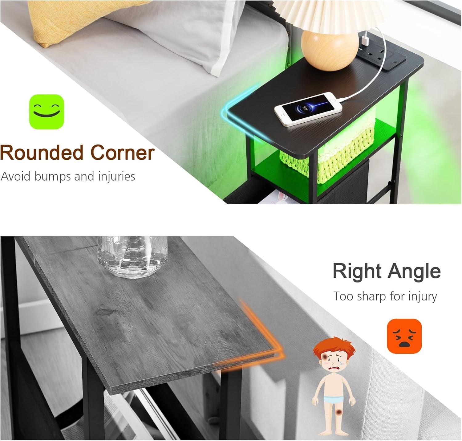 Slim LED Bedside Tables Set of 2 with USB Charging, 3 Drawers & Storage Shelf