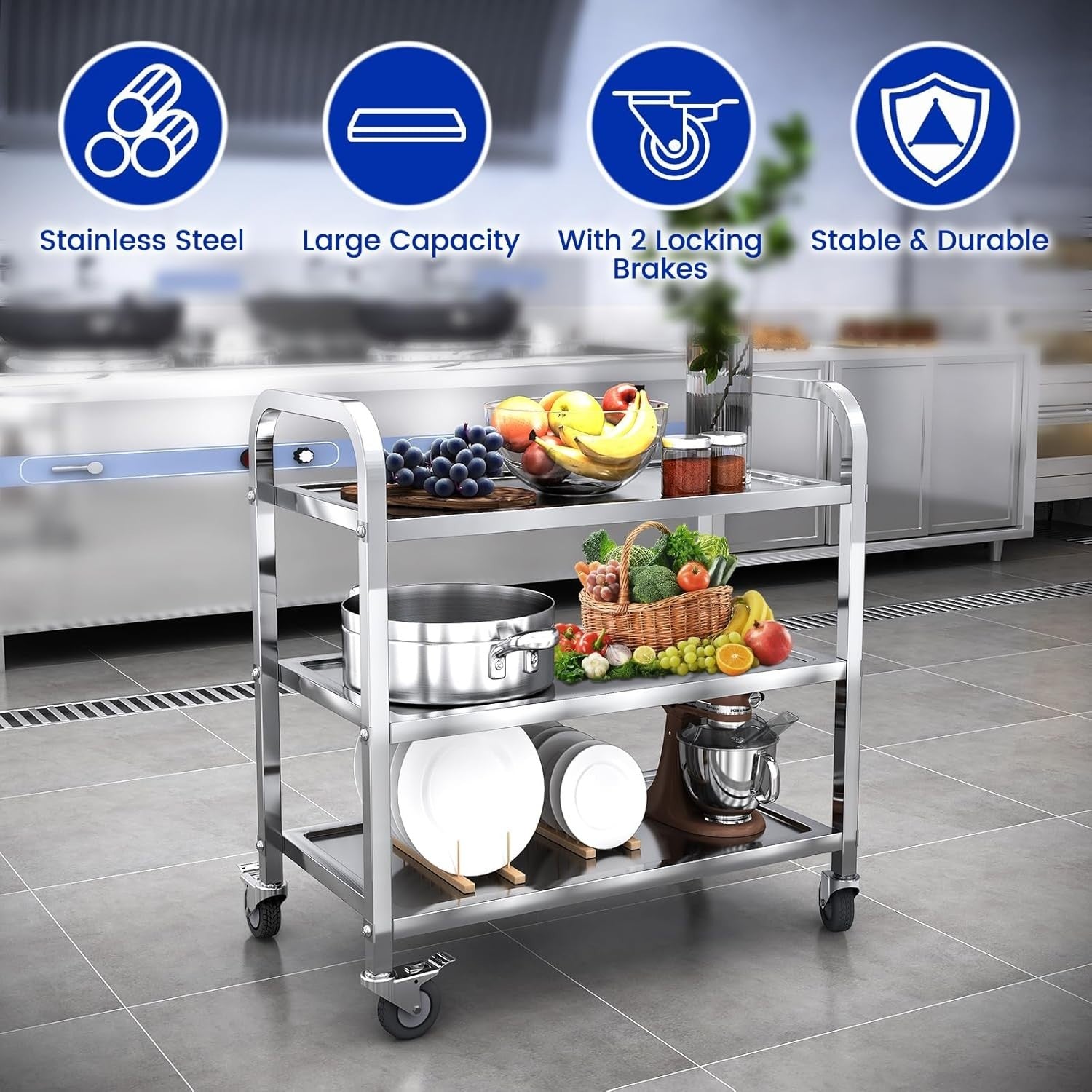3 Tier Stainless Steel Kitchen Trolley Cart 500KG