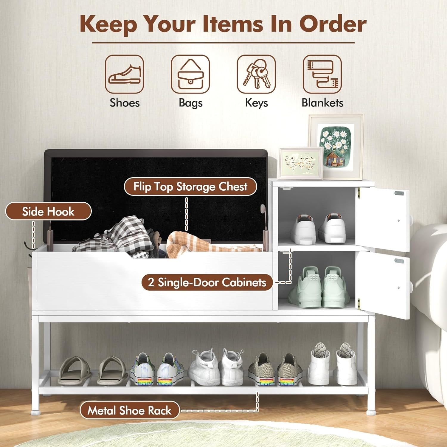 White Shoe Storage Bench with Cushion & Flip Top | 2-Door Hallway Cabinet
