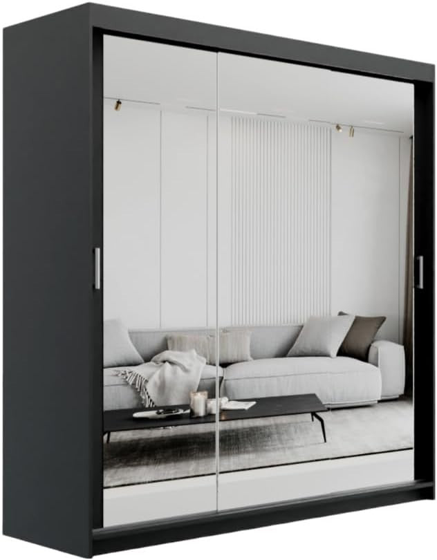 200cm Black Sliding Mirror Wardrobe 2 Drawers Modern Bedroom Storage