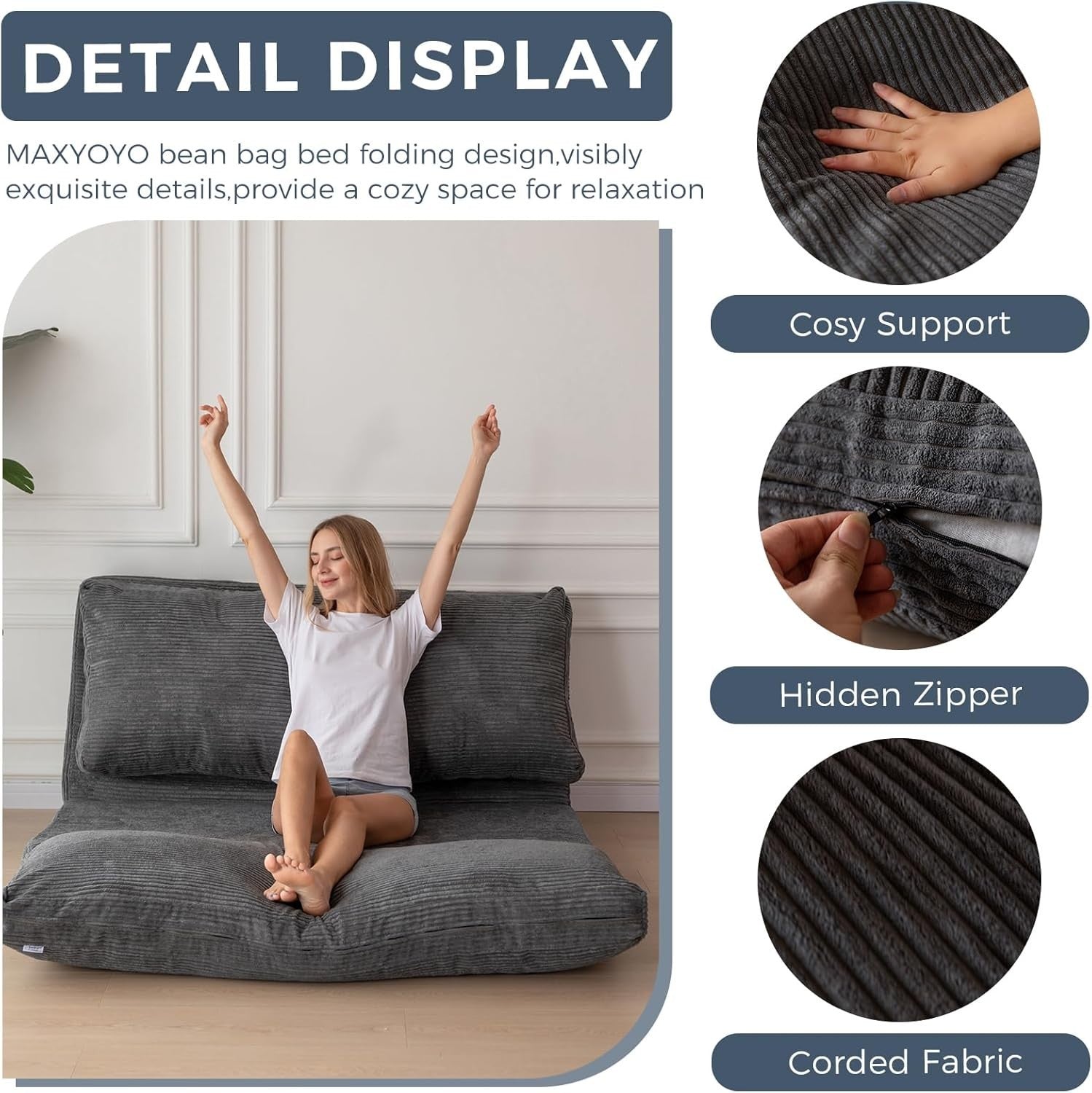 Charcoal Folding Floor Sofa Bed Chair 4 Fold Lounger Washable Cover 75x240