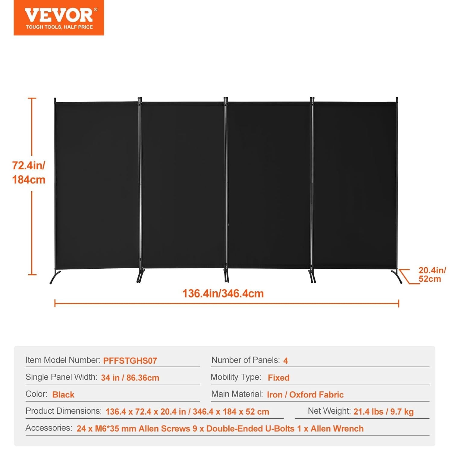4 Panel Black Folding Room Divider Privacy Screen Freestanding 364x184cm