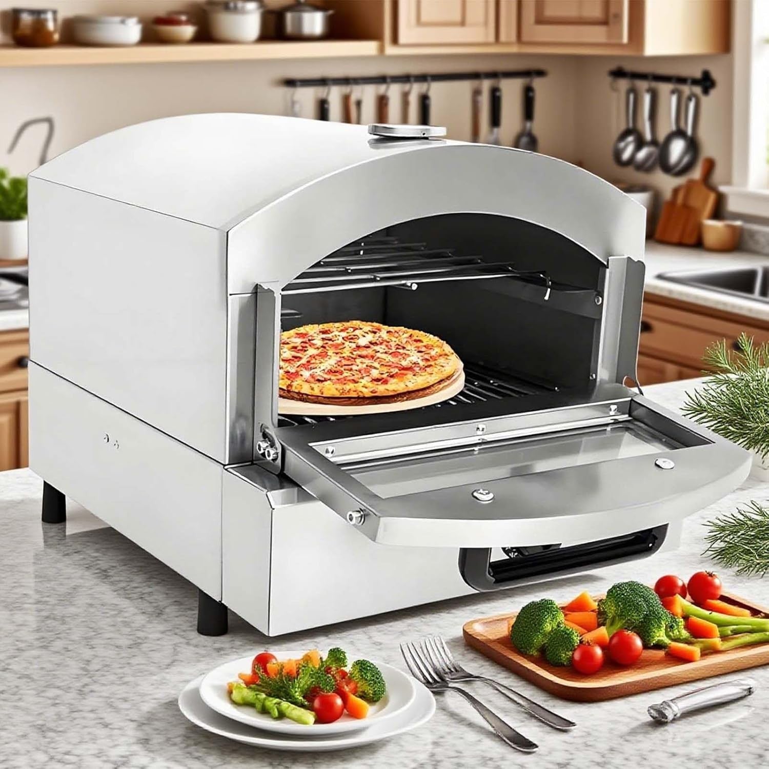 Stainless Steel Gas Pizza Oven | Outdoor BBQ Grill with Thermometer & Tray