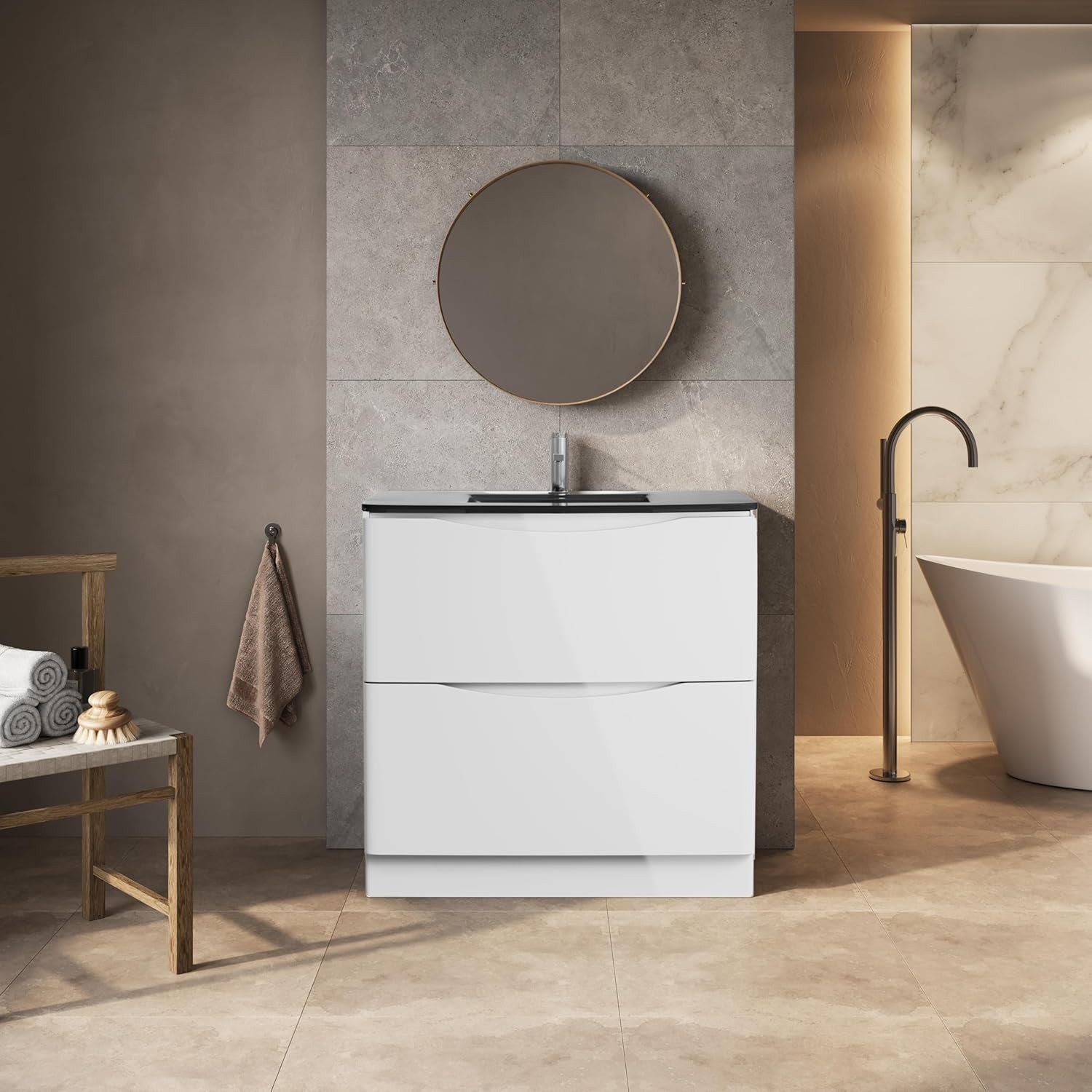 900mm Floor Standing Vanity Unit White Gloss with Grey Glass Basin Bathroom