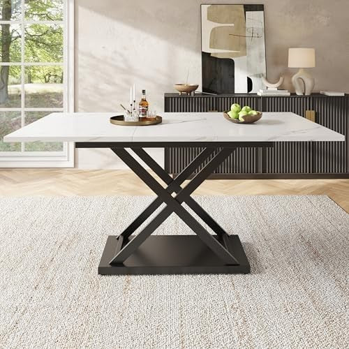 Extendable Dining Table White Marble Black Iron Legs 120-160cm