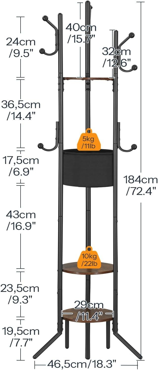 Rustic Brown Black Coat Rack with Shelves | Freestanding Hall Tree Organizer Sta