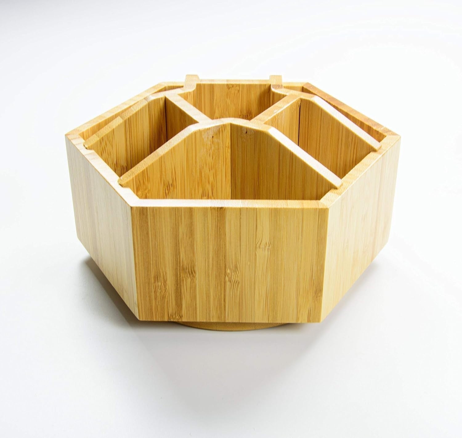 Rotating Bamboo Desk Organiser – 7 Compartment Cosmetic & Pen Holder