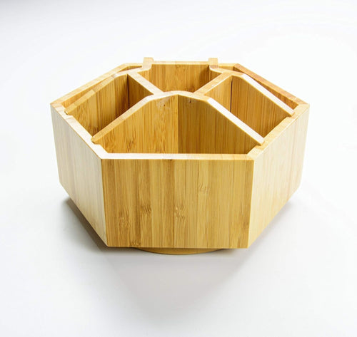 Rotating Bamboo Desk Organiser – 7 Compartment Cosmetic & Pen Holder