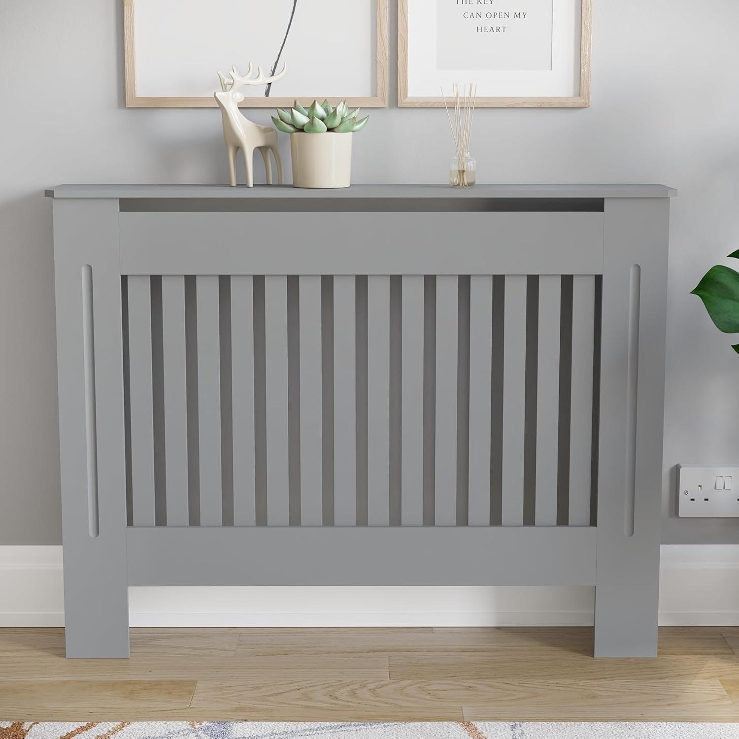 Medium Olive Grey Radiator Cover Cabinet | Modern MDF Slatted Heater Cover