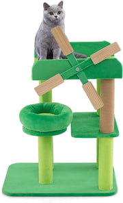 Green Windmill Cat Tree Multi-Level Scratching Tower Indoor Activity Center