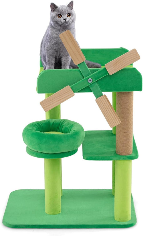 Green Windmill Cat Tree Multi-Level Scratching Tower Indoor Activity Center