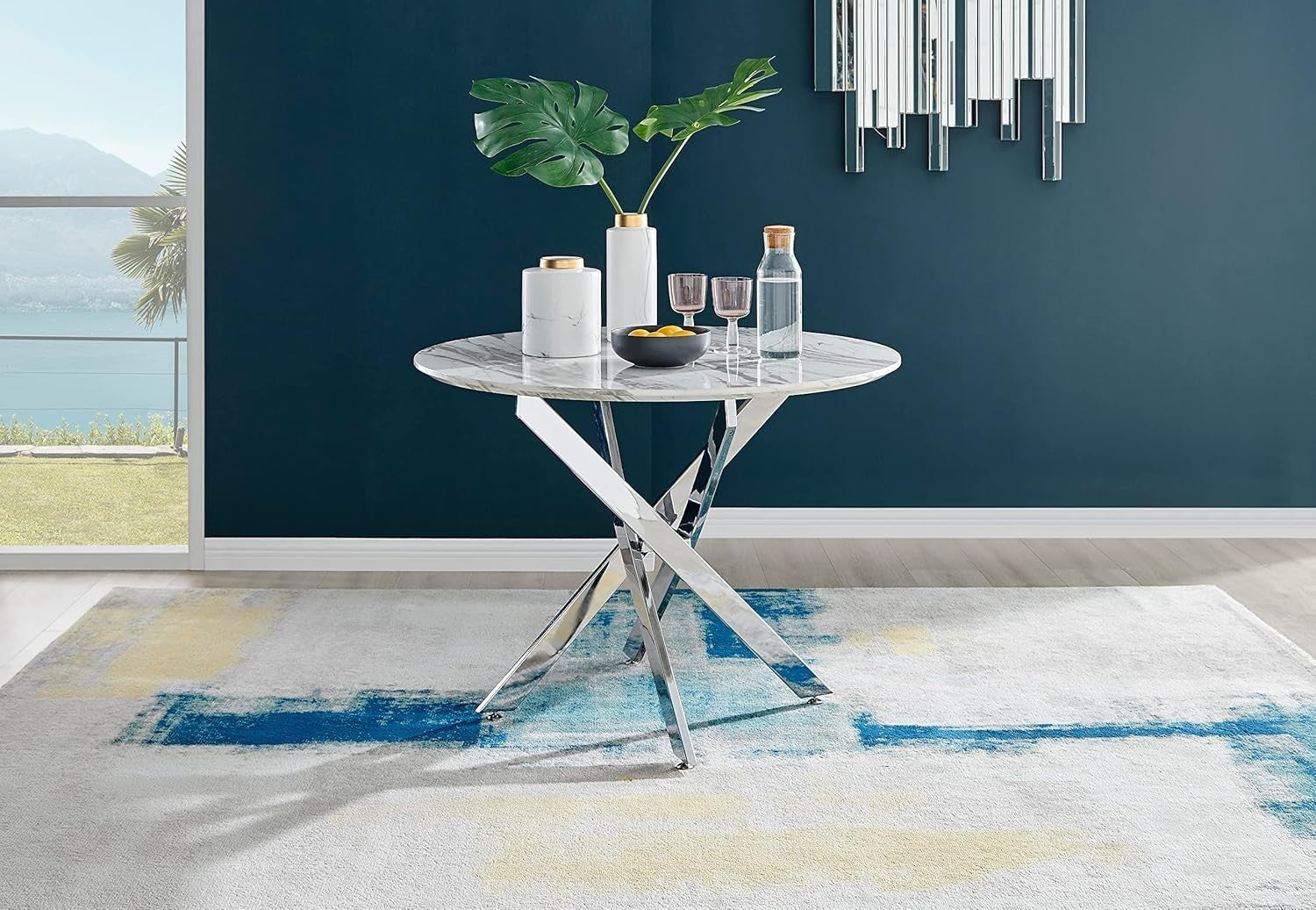 100cm Round Marble Dining Table Silver Chrome Legs Compact Modern