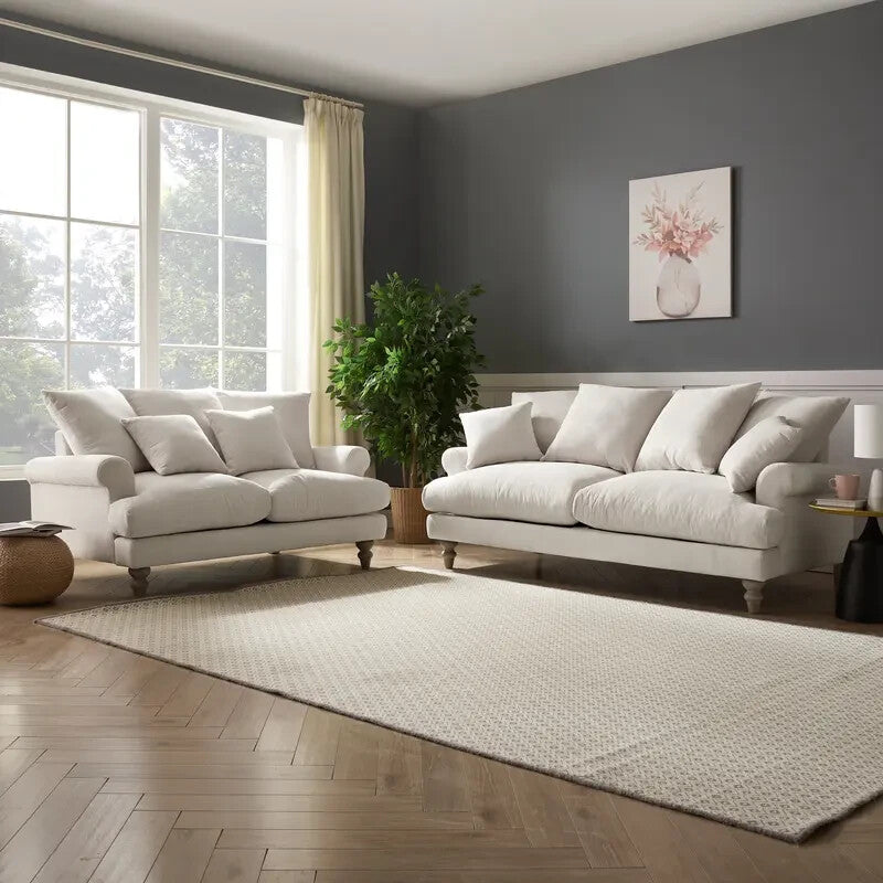 Ivory Linen 2 Seater Sofa with Scatter Cushions | Deep Plush Seating