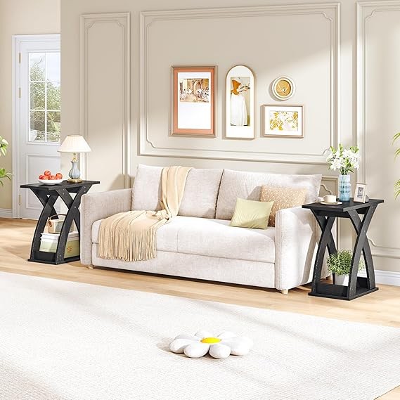 Modern Narrow Side Table, Slim X-Design Sofa Table with Storage Shelf