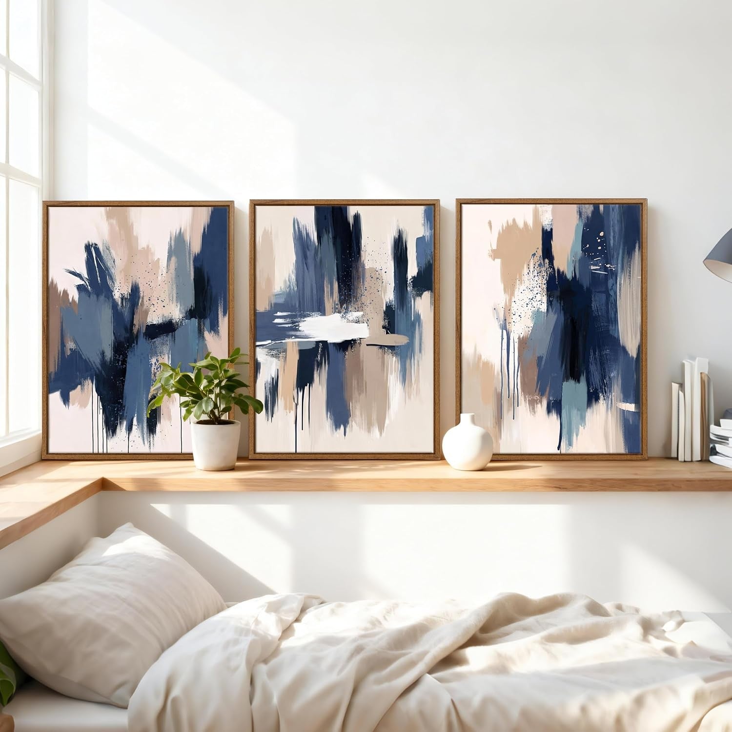 3 Piece Abstract Framed Canvas Wall Art Set Beige Blue 30x40cm