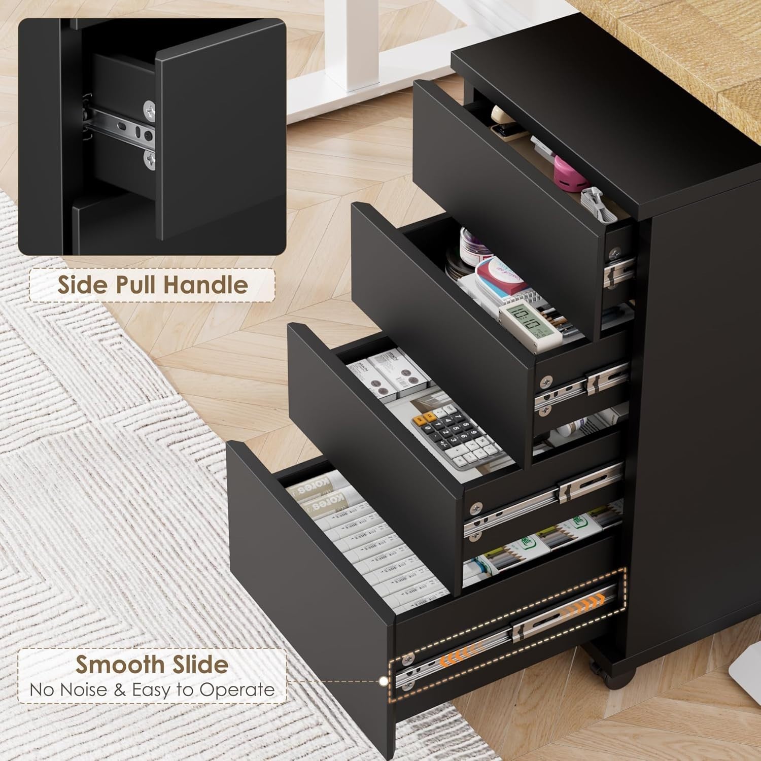 Wide Rolling Drawer Cabinet 4 Drawer Mobile Storage Under Desk Unit