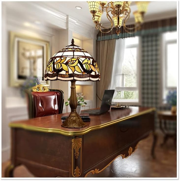 Vintage Stained Glass Table Lamp with Leaf Flower Shade Warm Light