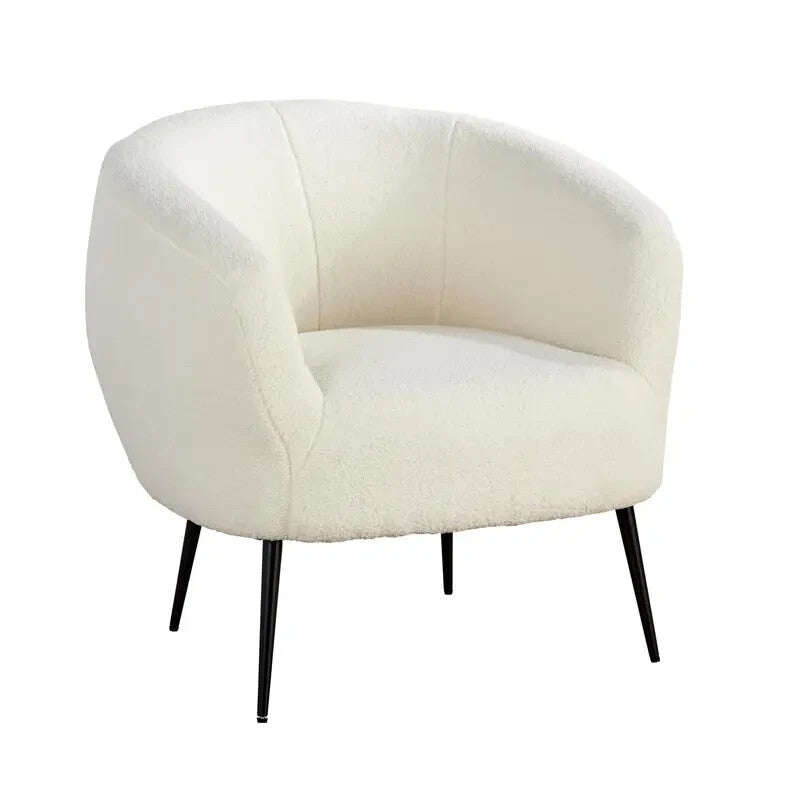 White Faux Fur Accent Chair Plush Round Back with Black Legs Lounge Seat
