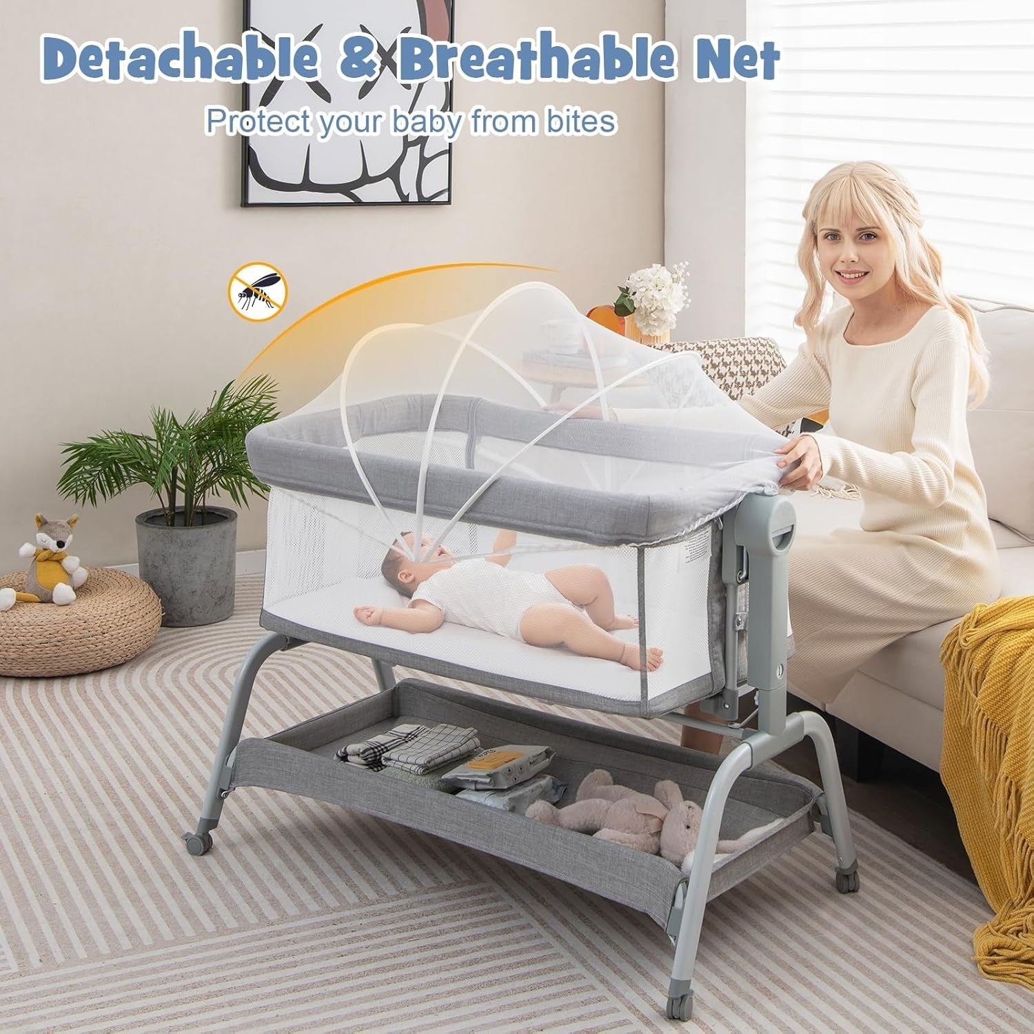 4in1 Baby Bedside Crib Adjustable Rocking Bassinet with Mattress & Storage