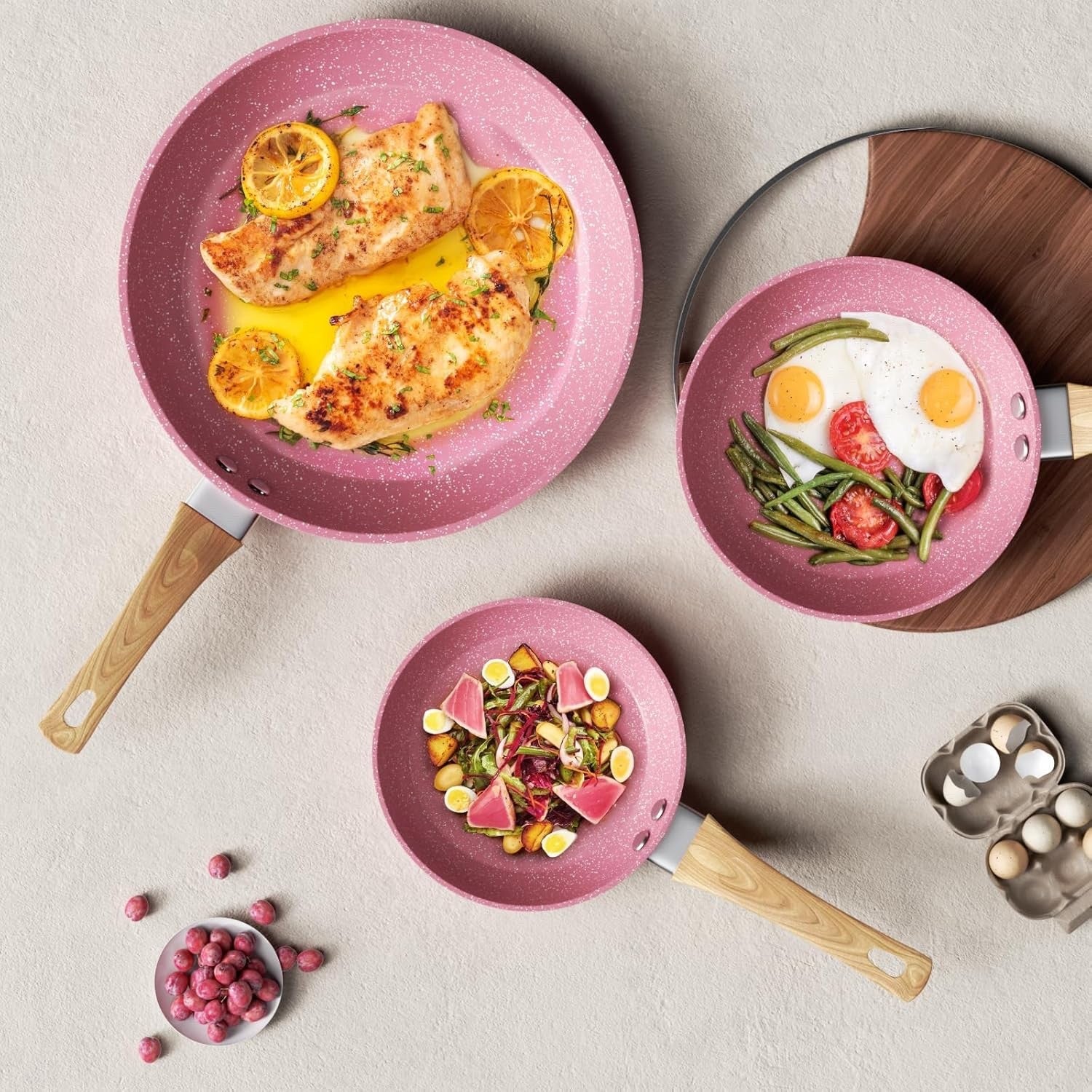 20cm Pink Non Stick Frying Pan Induction Ready Granite Coating PFOA-Free