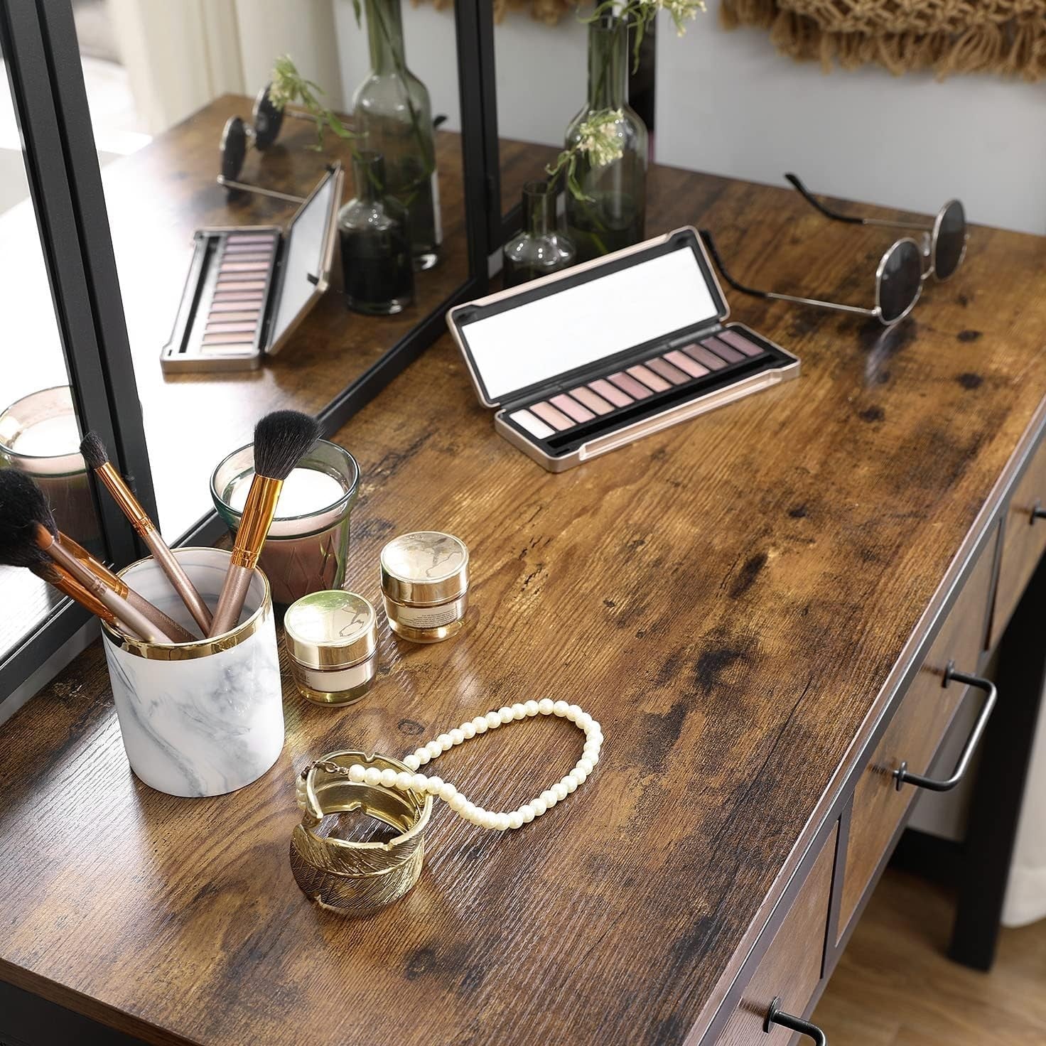 Rustic Dressing Table Vanity Set 3-Fold Mirror Stool Drawers Makeup Desk