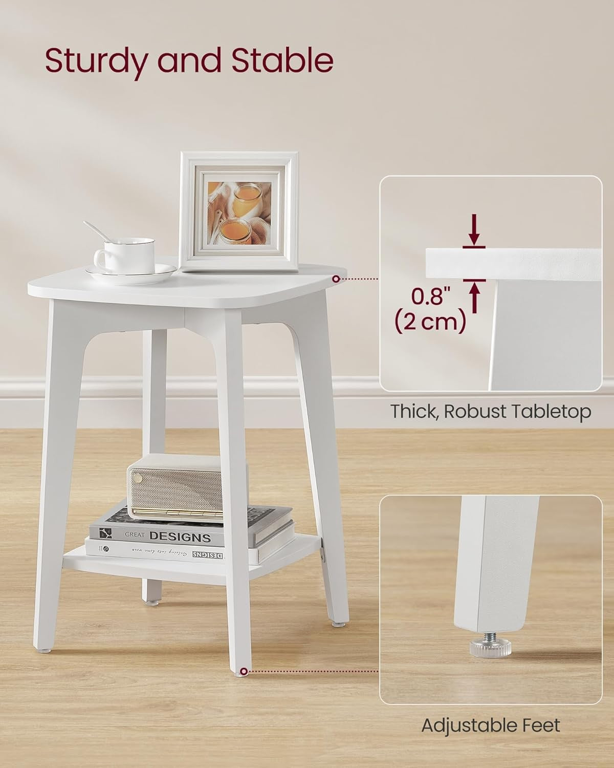 White Small Side Table with Lower Shelf, Modern Bedside Table for Small Spaces