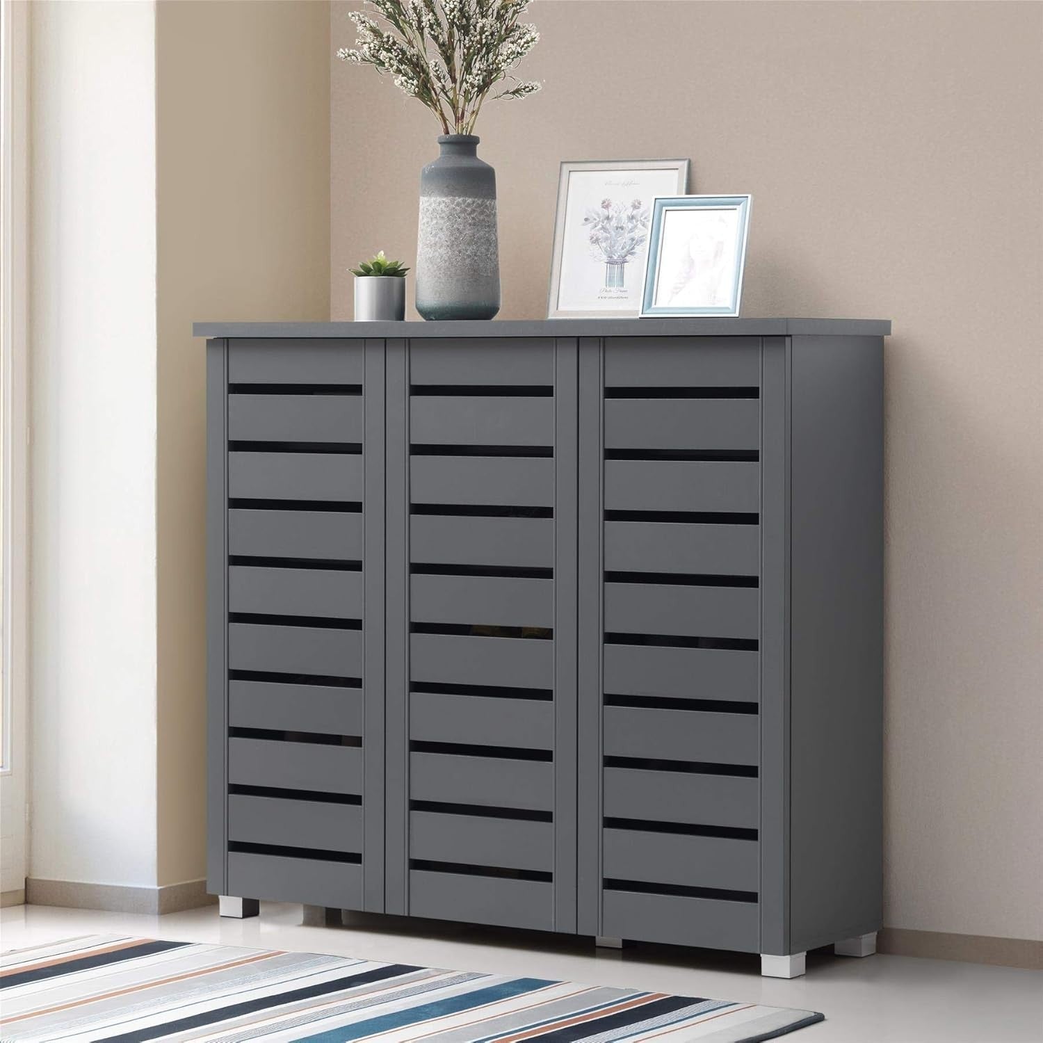Modern Shoe Cabinet 4 Tier with 3 Doors | Grey Storage Unit for Hallway