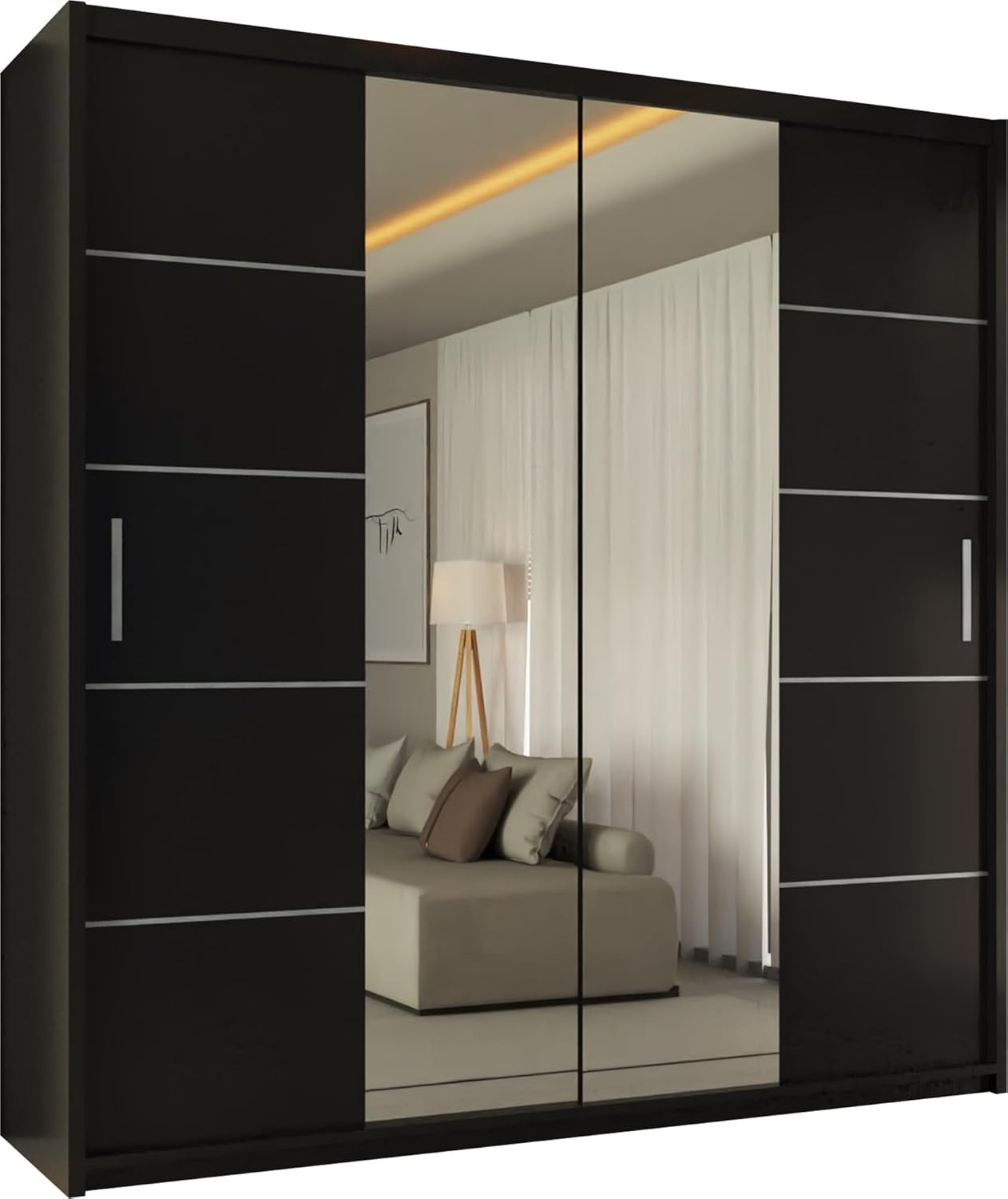 Black Sliding Wardrobe Mirror Doors 150cm Modern Storage Rails Shelves
