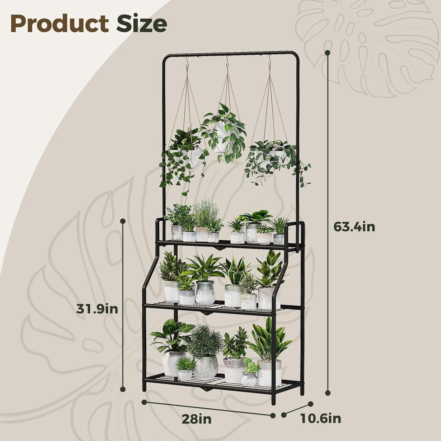 3 Tier Hanging Metal Plant Stand Black  Indoor Outdoor Flower Pot Shelf Rack