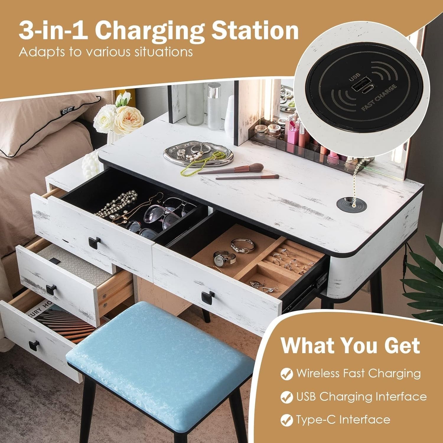 Vanity Makeup Dressing Table Set w/ LED Light Mirror Stool Charging Station