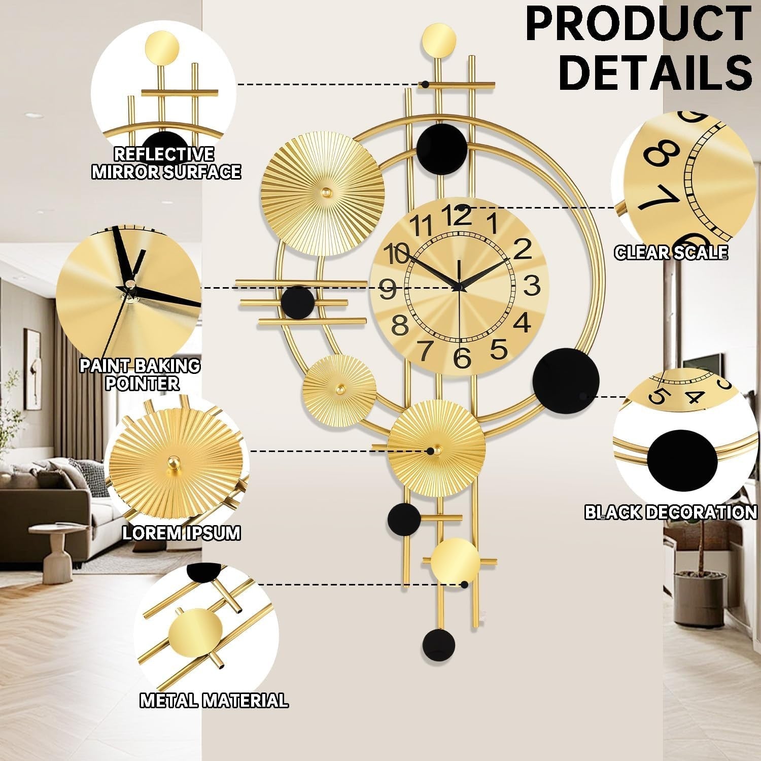 Luxury Silent Wall Clock Gold 30” Metal Art Deco Modern Home Decor