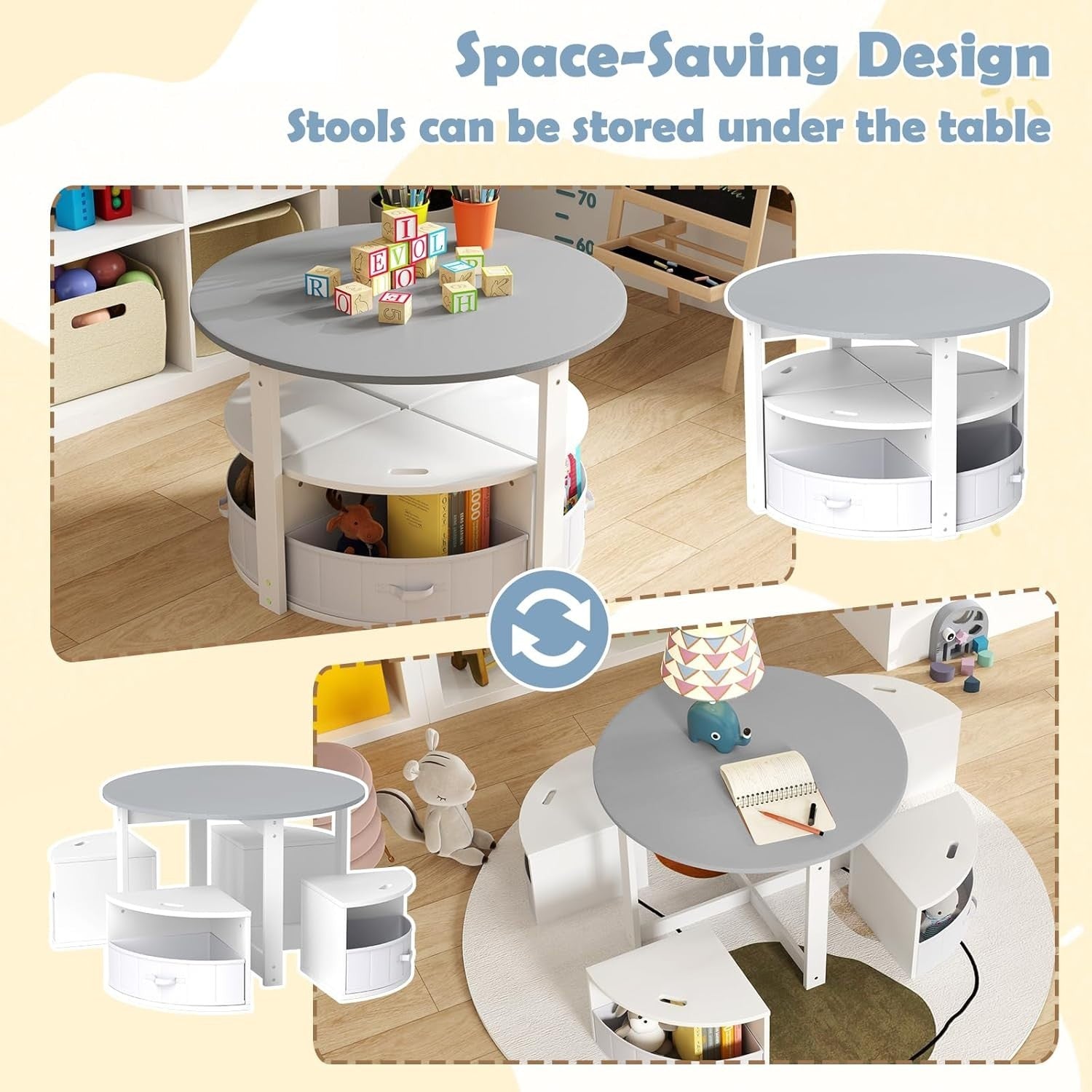 Kids Round Table & 4 Storage Stools Set with Fabric Bins for Play & Learn