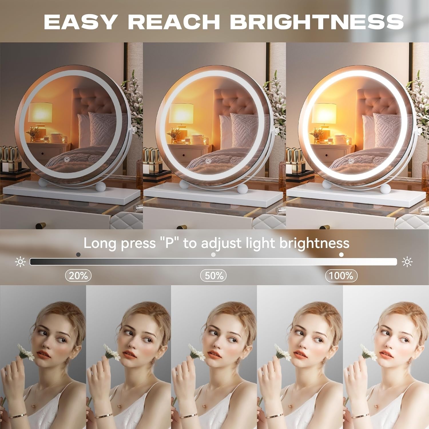 LED Makeup Mirror 30x30cm with Dimmable Touch Lights & 360° Rotation