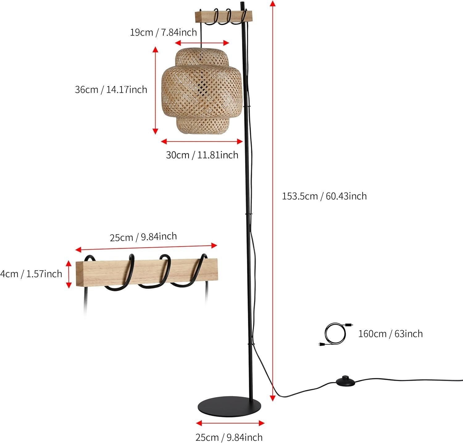 Boho Bamboo Floor Lamp with Foot Switch & Industrial Cake Shade