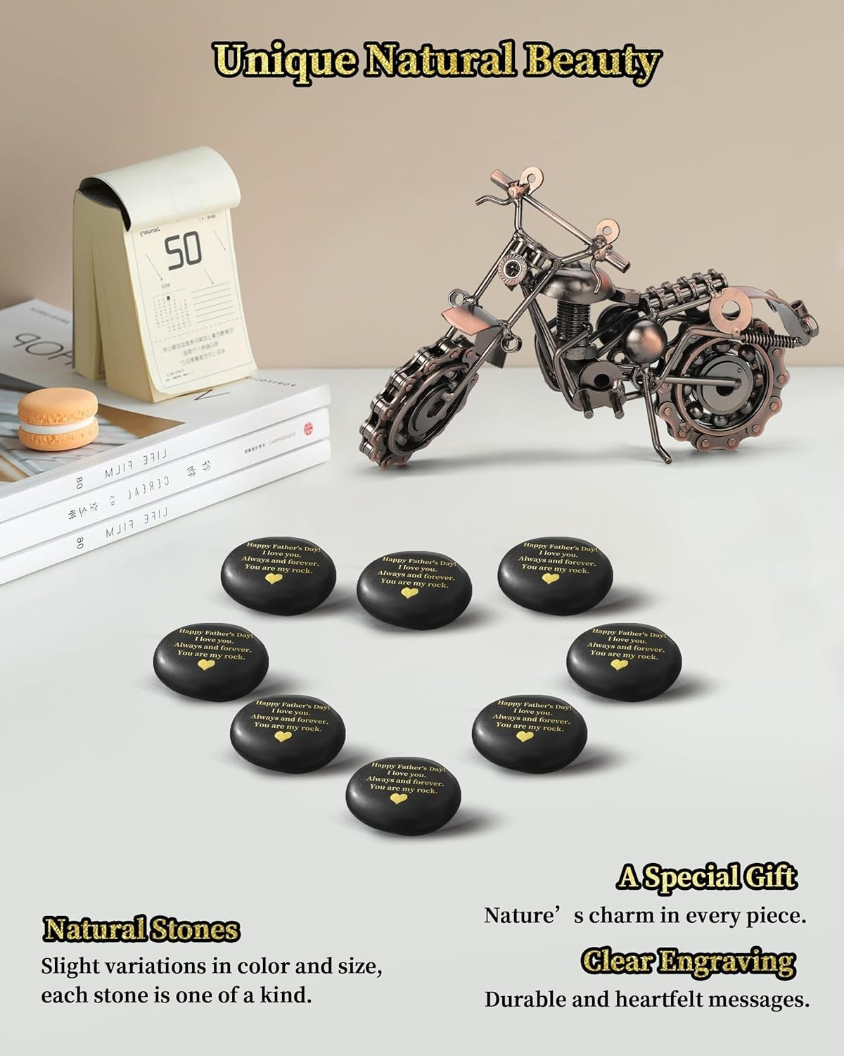 Retro Motorcycle Desk Ornament with Message Rock – Unique Gift for Dad or Him