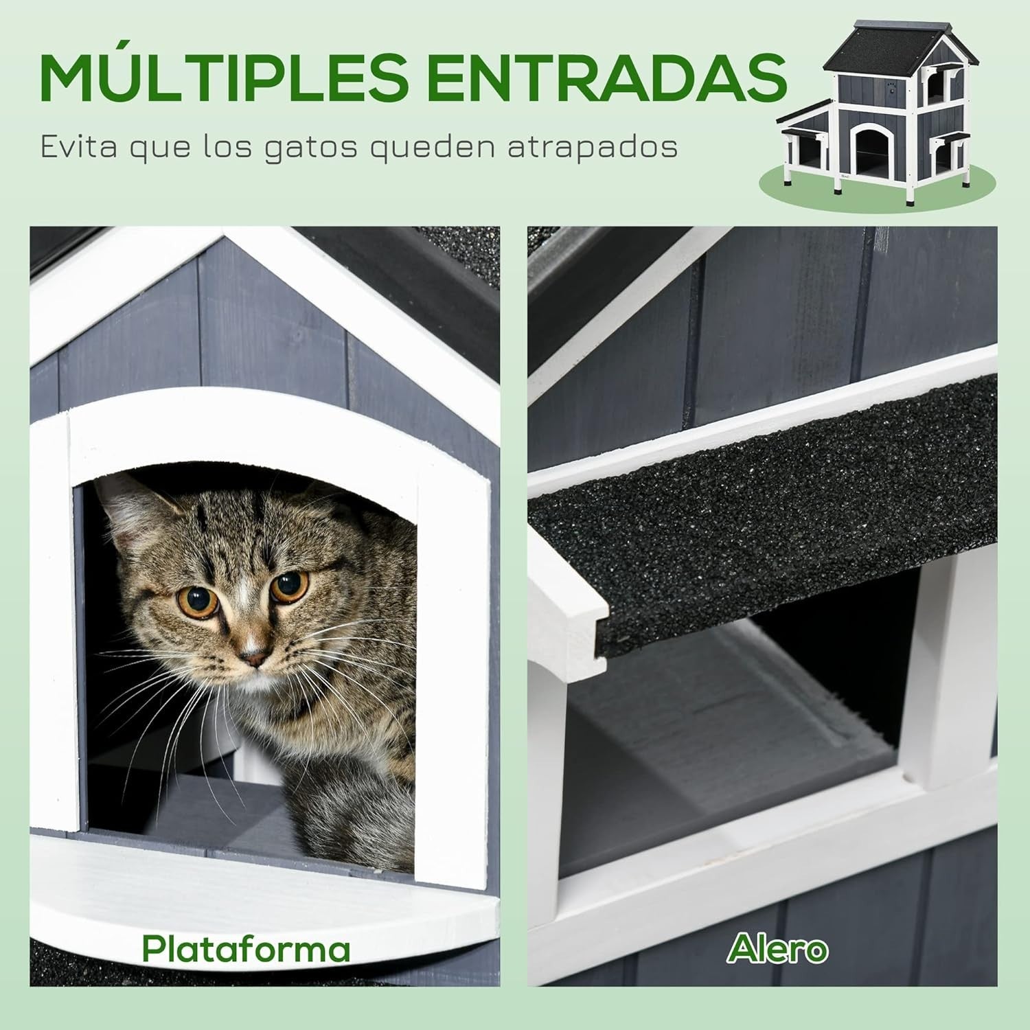 Large Wooden Outdoor Cat House with Flower Pot, Water-Resistant Roof & Multiple