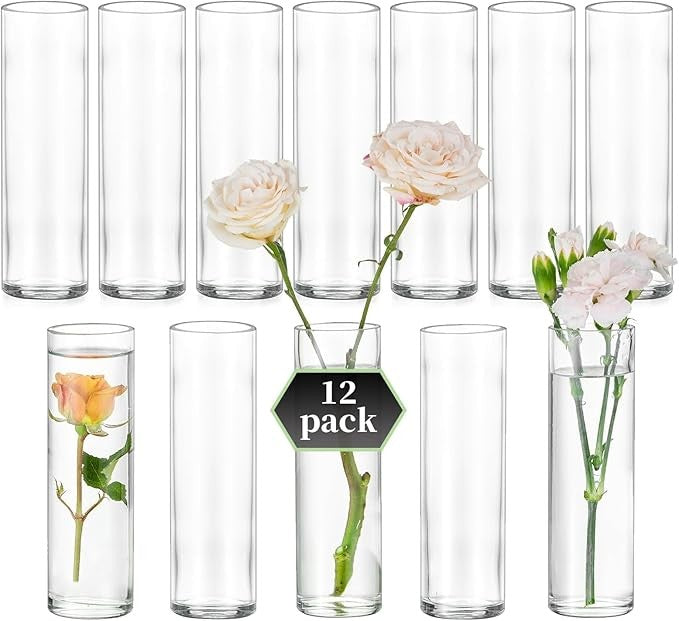12 Clear Glass Cylinder Bud Vases Wedding Table Centerpiece Set