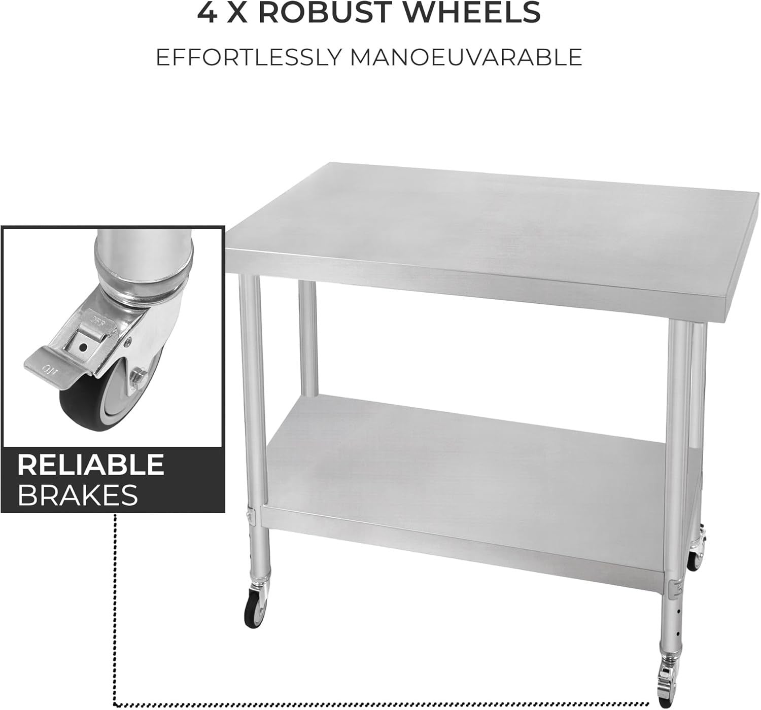 Stainless Steel Mobile Prep Table 160kg Kitchen Work Bench 90x76 Shelf Wheels