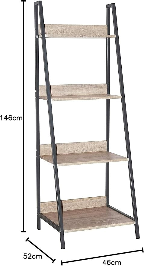 4 Tier Ladder Bookshelf Oak Effect Shelf Unit Metal Frame Storage Display
