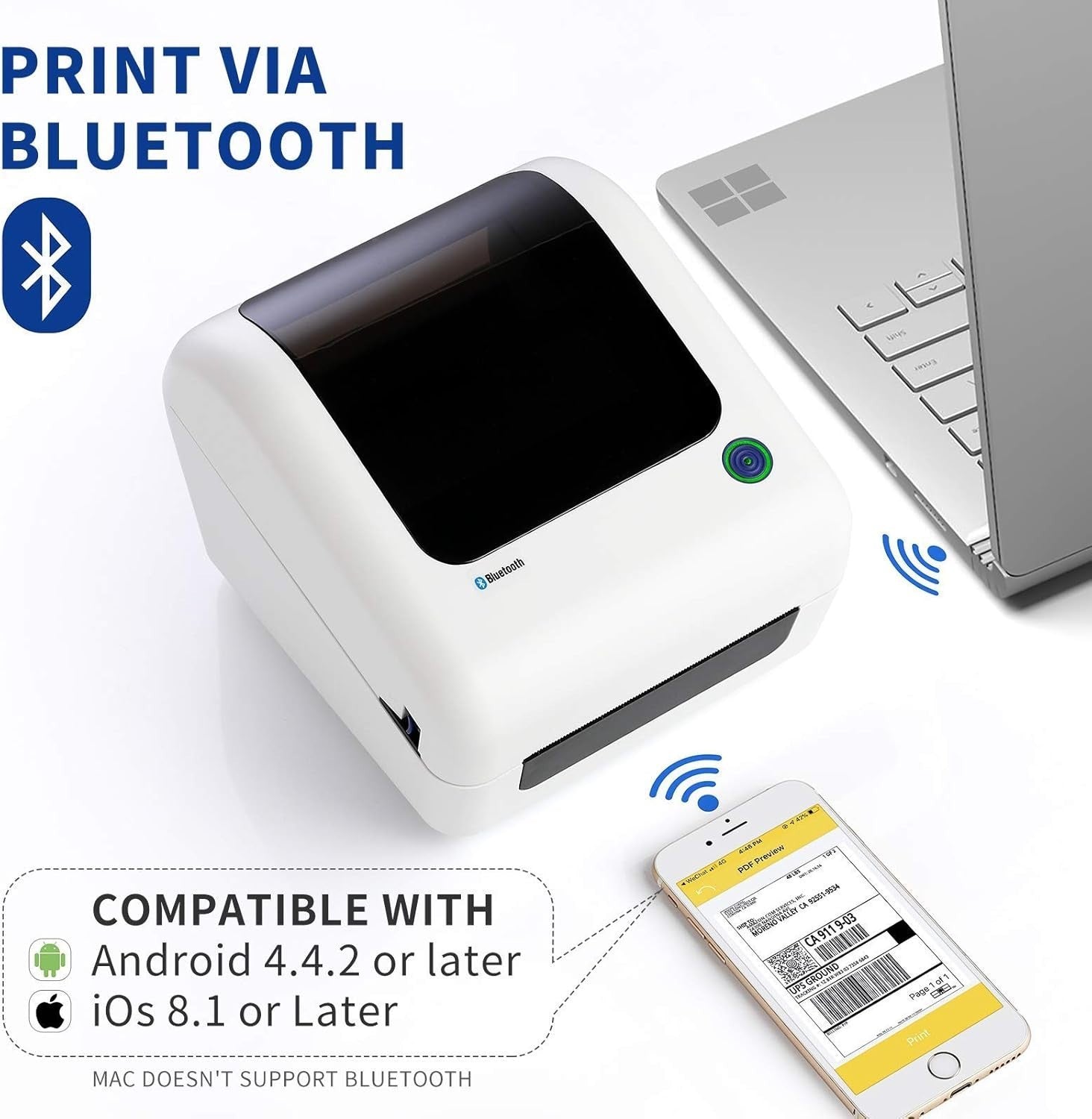 White 4x6 Bluetooth Thermal Label Printer, Wireless Shipping, Portable