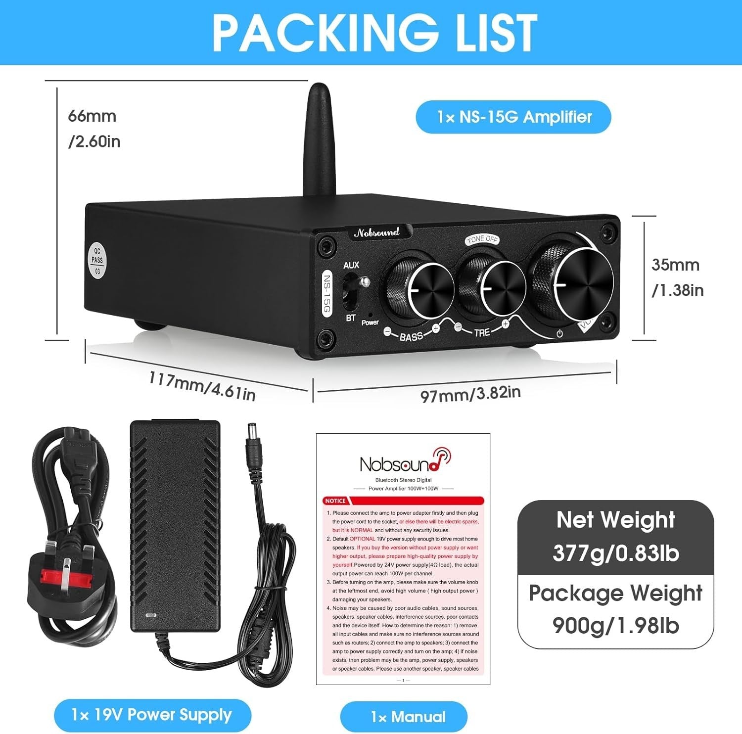 Mini HiFi Stereo Amplifier Bluetooth 5.0 200W Power Bass Treble Control