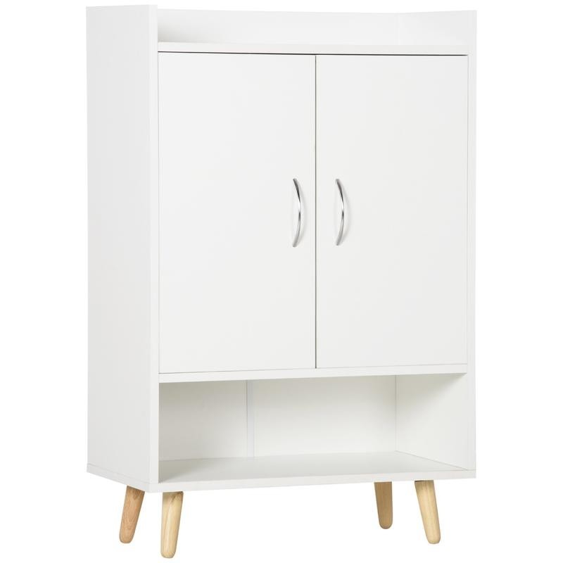 Slim White Shoe Storage Cabinet with Doors, Open Shelf & Wooden Legs